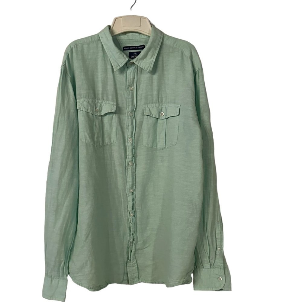 Old Navy Linen Blend Shirt Mens XL Button Up Flap Pockets Lighweight Green